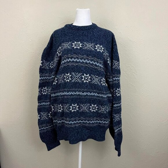 navy and white striped vintage 90s fire isle wool blend knit sweater - Picture 2 of 8